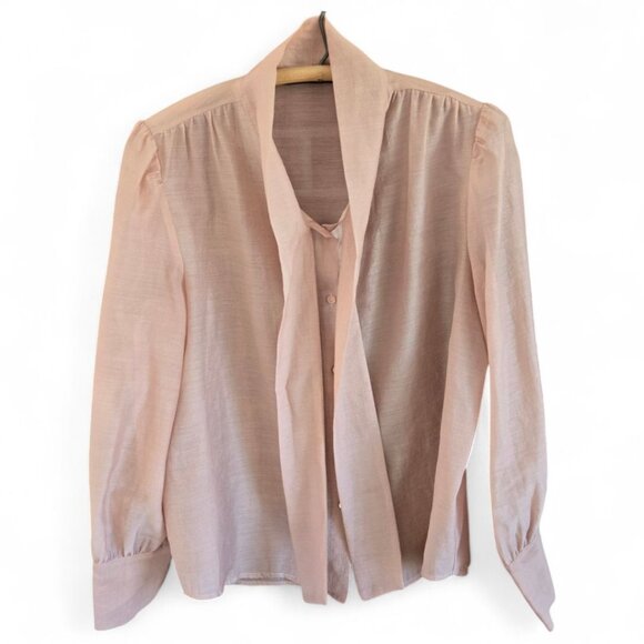 Zara Pink Long-Sleeve Button-Up Shirt With Bow Tie Collar Womens Size L - Picture 3 of 6